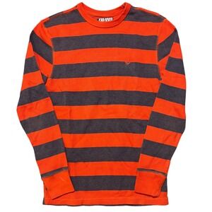 Volcom Striped Thermal Shirt Medium  Orange Gray Waffle Skate Surf Y2K